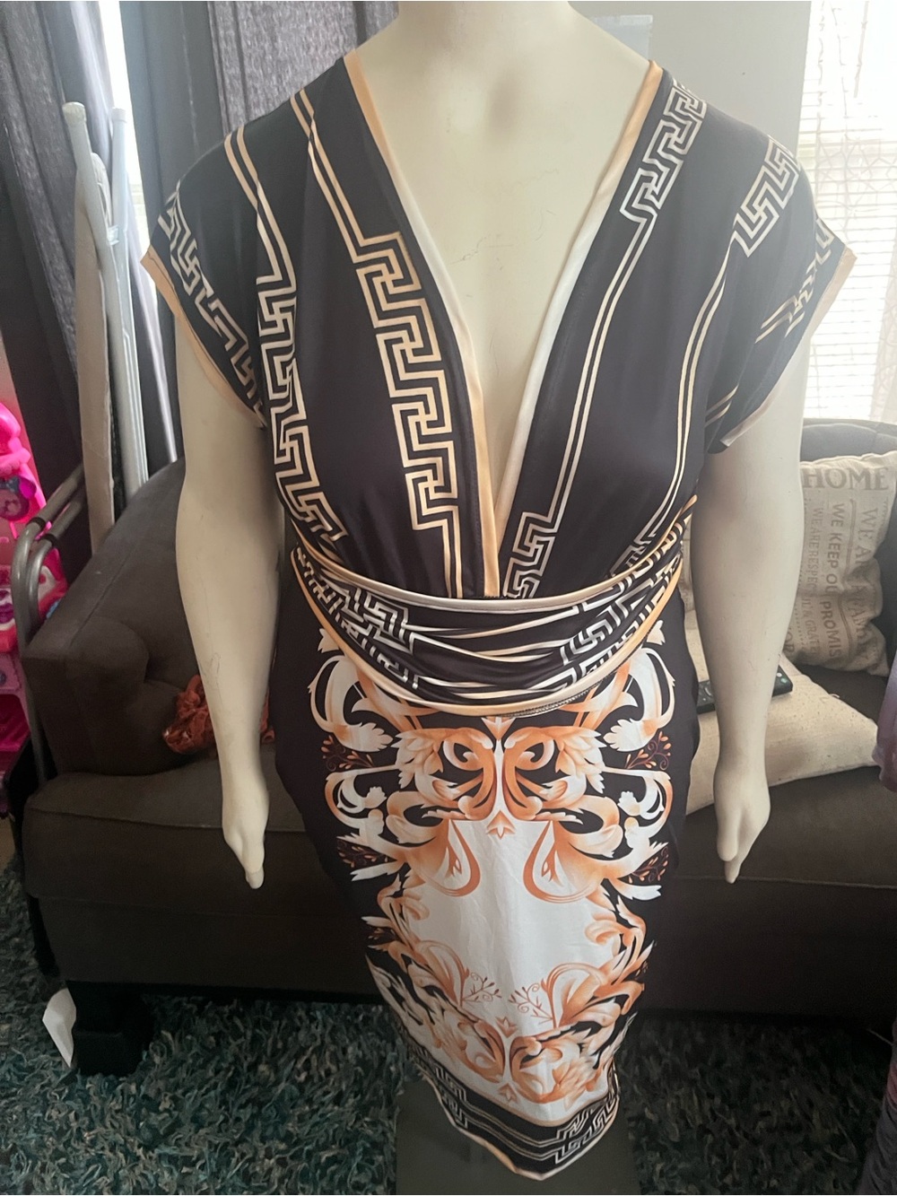 Black & Gold Baroque Print V-Neck Dress